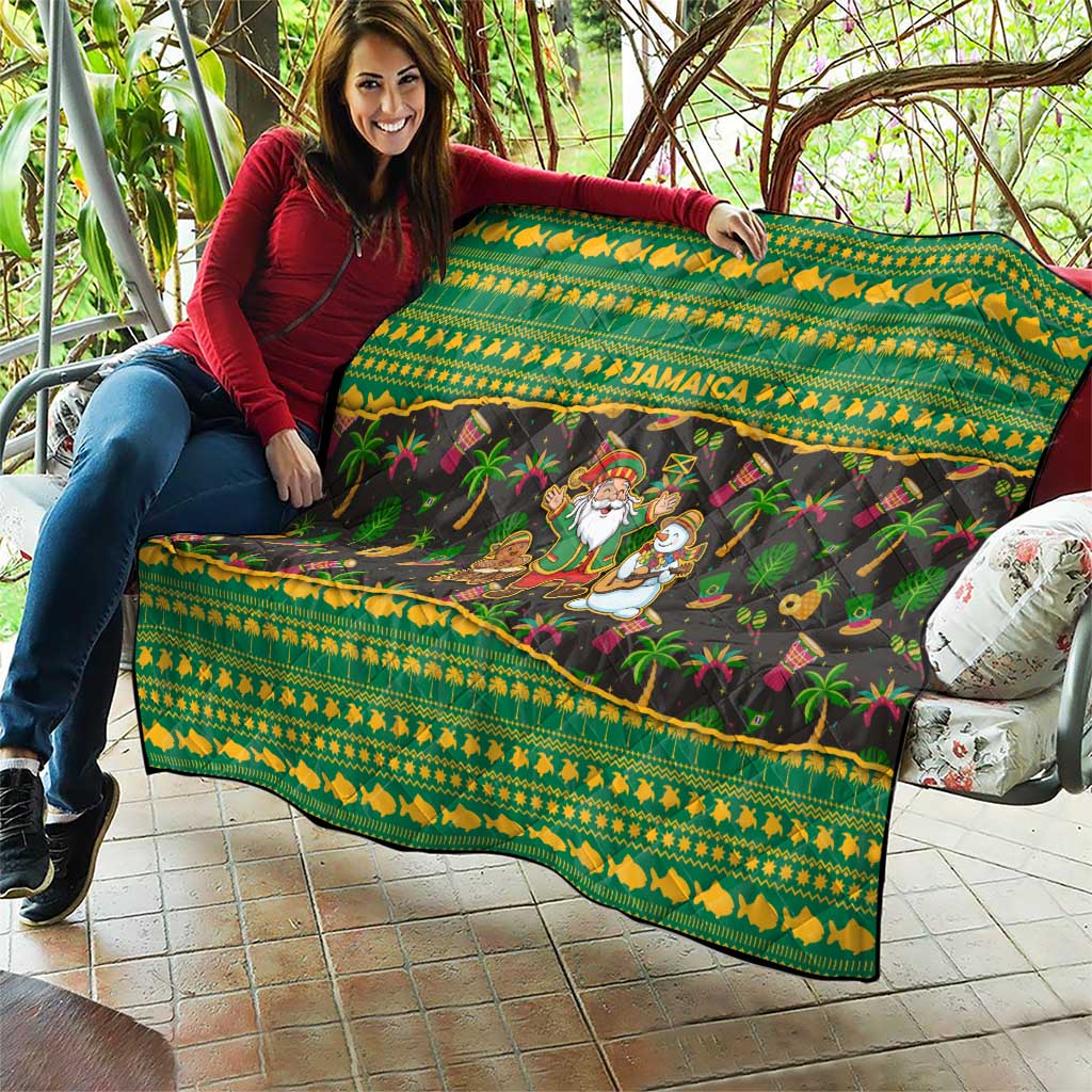 Jamaica Christmas Quilt with Rasta Santa Snowman Gingerbread Drummer Palm Trees and Green Yellow Knit Pattern Design - Wonder Print Shop