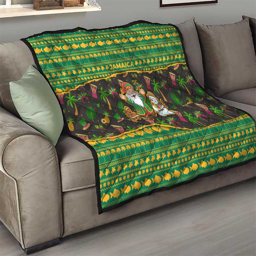 Jamaica Christmas Quilt with Rasta Santa Snowman Gingerbread Drummer Palm Trees and Green Yellow Knit Pattern Design - Wonder Print Shop