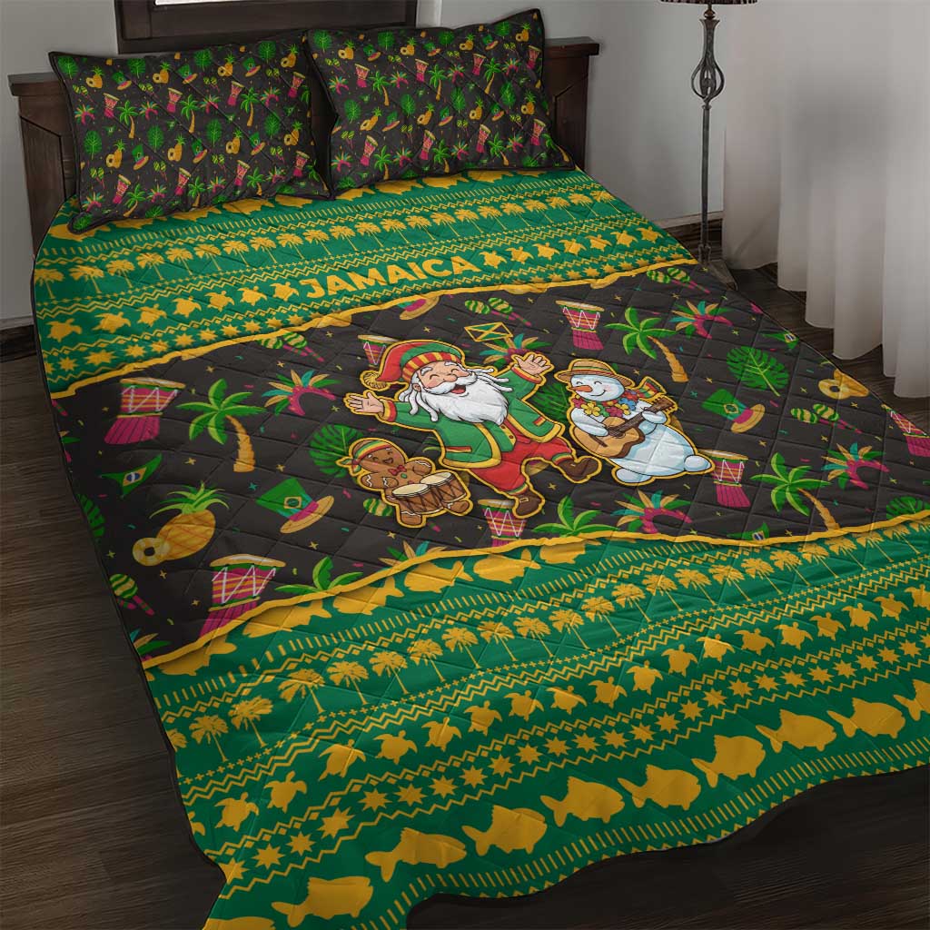 Jamaica Christmas Quilt Bed Set with Rasta Santa Snowman Gingerbread Drummer Palm Trees and Green Yellow Knit Pattern Design - Wonder Print Shop