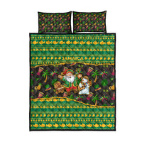 Jamaica Christmas Quilt Bed Set with Rasta Santa Snowman Gingerbread Drummer Palm Trees and Green Yellow Knit Pattern Design - Wonder Print Shop