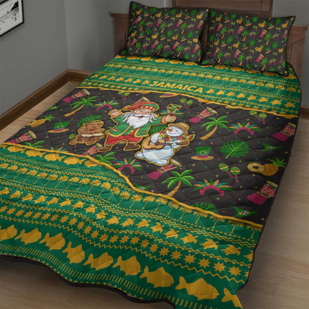 Jamaica Christmas Quilt Bed Set with Rasta Santa Snowman Gingerbread Drummer Palm Trees and Green Yellow Knit Pattern Design - Wonder Print Shop