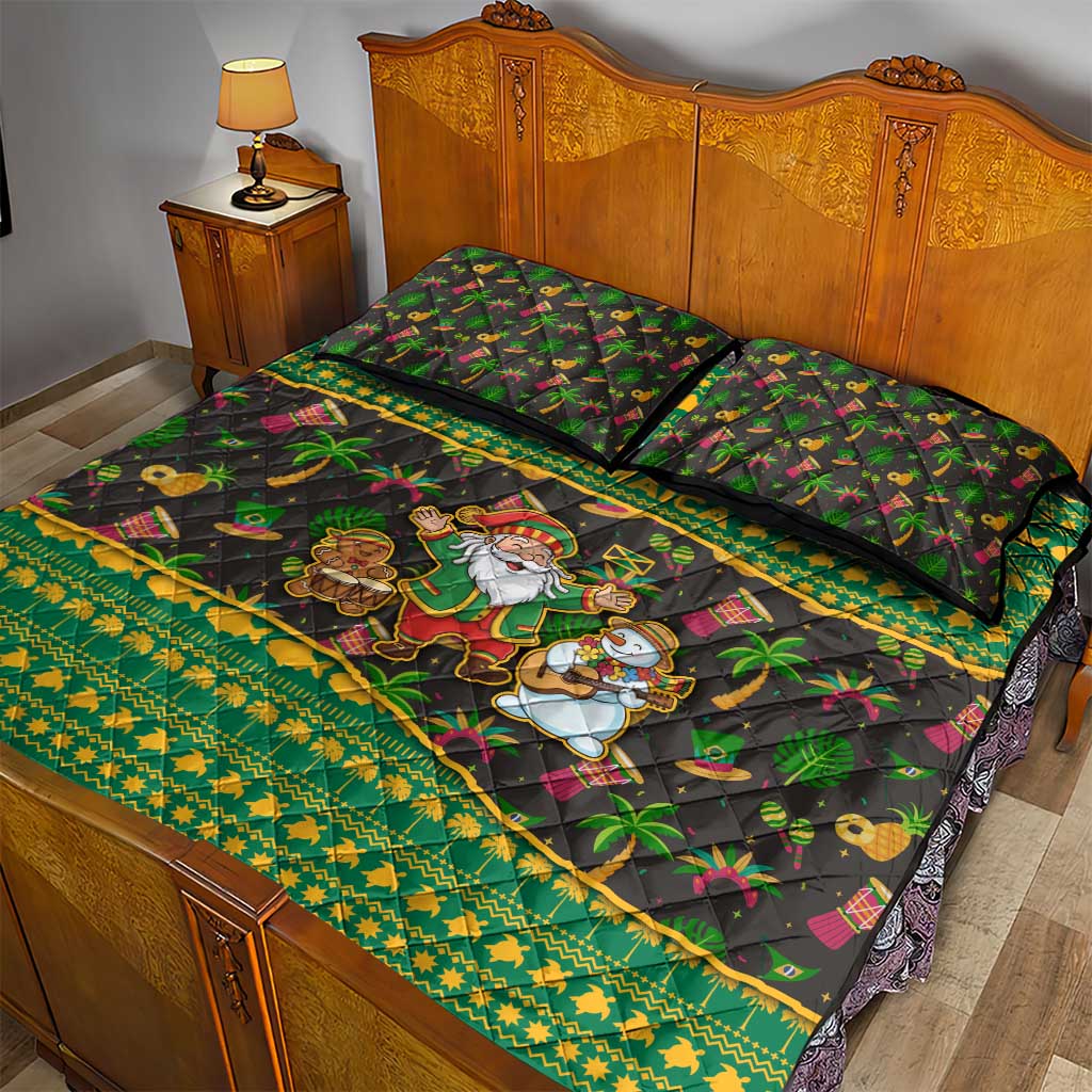 Jamaica Christmas Quilt Bed Set with Rasta Santa Snowman Gingerbread Drummer Palm Trees and Green Yellow Knit Pattern Design - Wonder Print Shop