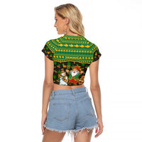 Jamaica Christmas Raglan Cropped T Shirt with Rasta Santa Snowman Gingerbread Drummer Palm Trees and Green Yellow Knit Pattern Design - Wonder Print Shop