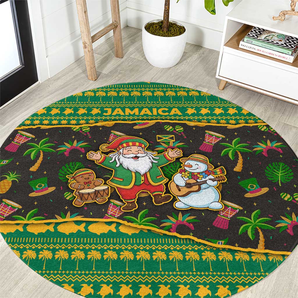 Jamaica Christmas Round Carpet with Rasta Santa Snowman Gingerbread Drummer Palm Trees and Green Yellow Knit Pattern Design - Wonder Print Shop