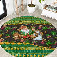 Jamaica Christmas Round Carpet with Rasta Santa Snowman Gingerbread Drummer Palm Trees and Green Yellow Knit Pattern Design - Wonder Print Shop