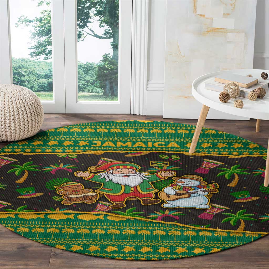 Jamaica Christmas Round Carpet with Rasta Santa Snowman Gingerbread Drummer Palm Trees and Green Yellow Knit Pattern Design - Wonder Print Shop