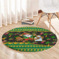 Jamaica Christmas Round Carpet with Rasta Santa Snowman Gingerbread Drummer Palm Trees and Green Yellow Knit Pattern Design - Wonder Print Shop