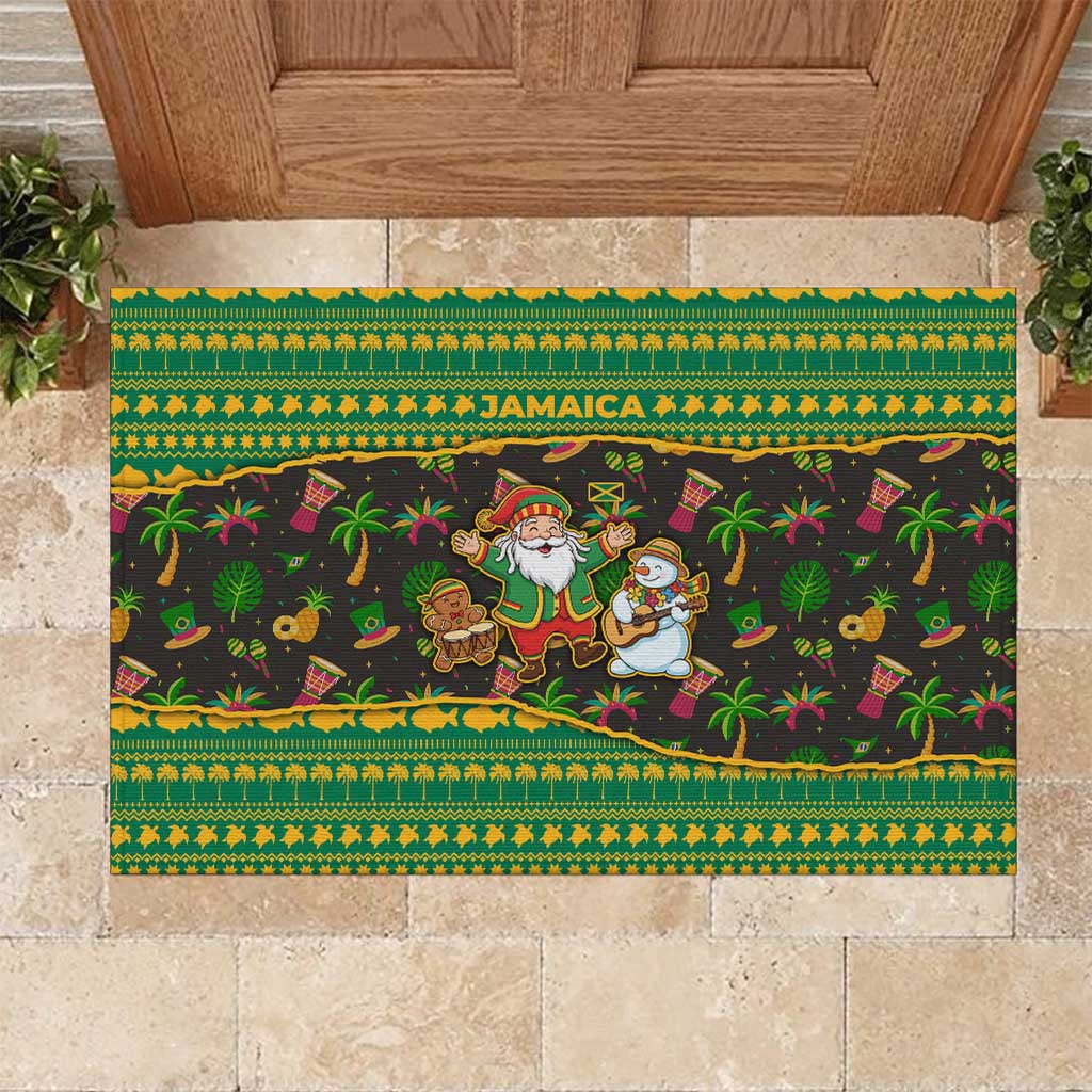 Jamaica Christmas Rubber Doormat with Rasta Santa Snowman Gingerbread Drummer Palm Trees and Green Yellow Knit Pattern Design - Wonder Print Shop