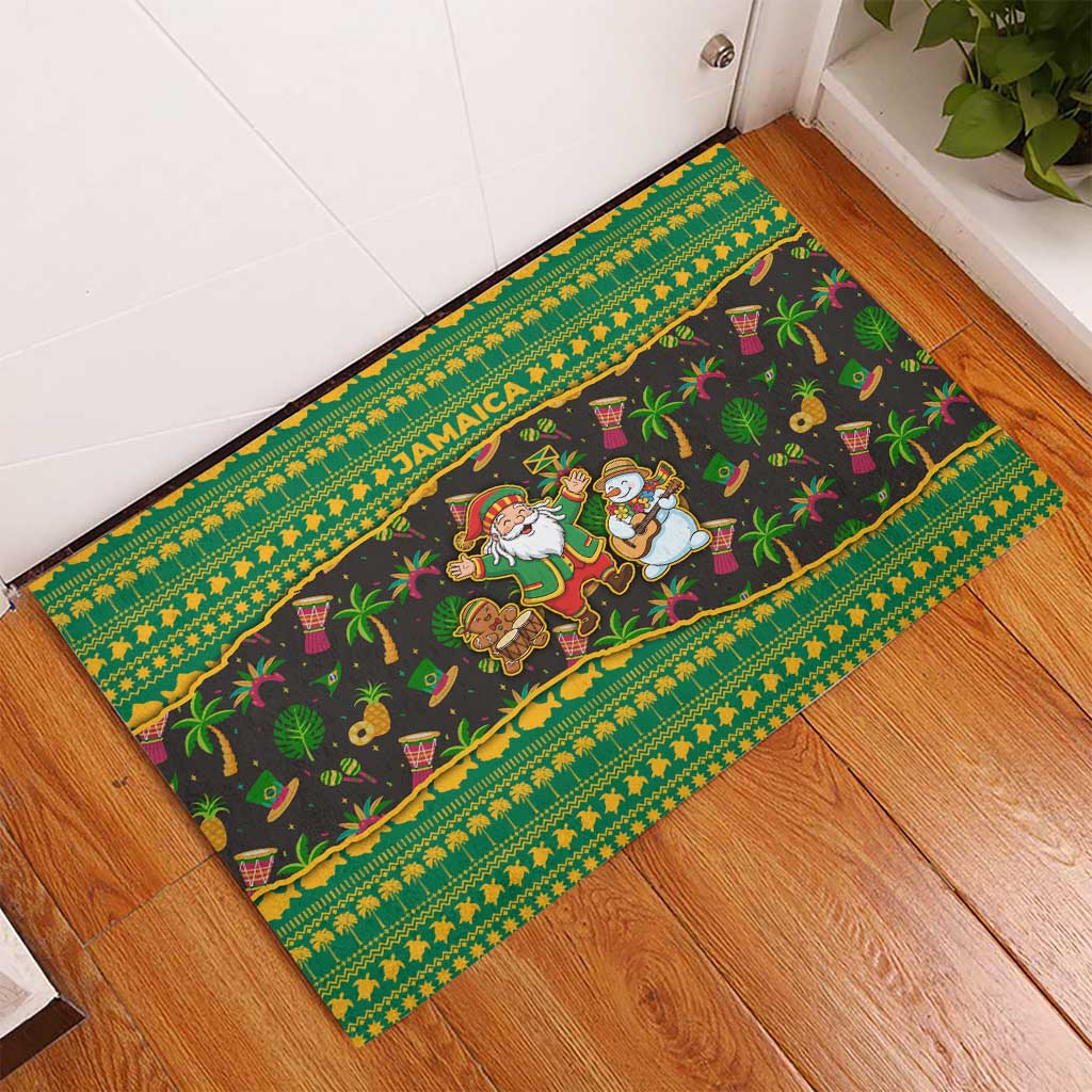 Jamaica Christmas Rubber Doormat with Rasta Santa Snowman Gingerbread Drummer Palm Trees and Green Yellow Knit Pattern Design - Wonder Print Shop