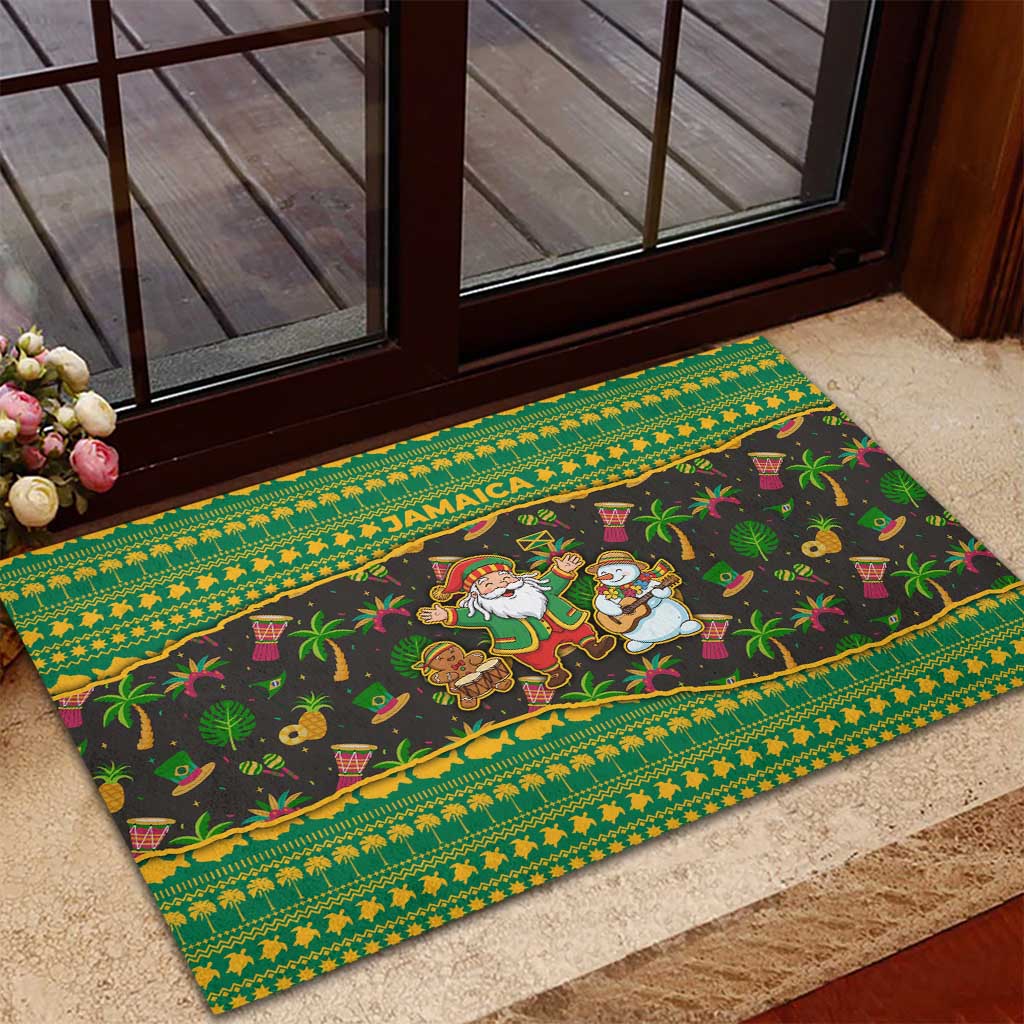 Jamaica Christmas Rubber Doormat with Rasta Santa Snowman Gingerbread Drummer Palm Trees and Green Yellow Knit Pattern Design - Wonder Print Shop