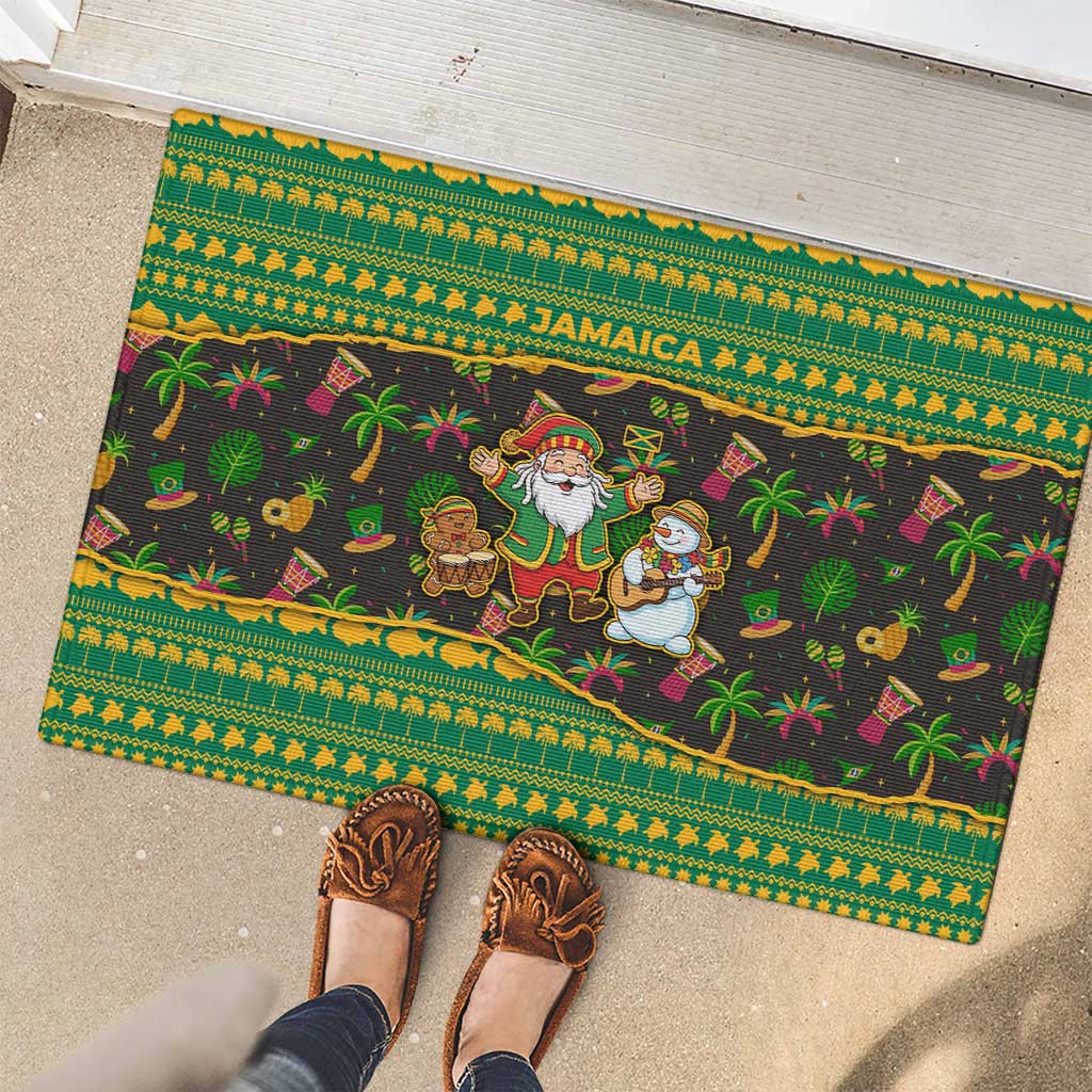 Jamaica Christmas Rubber Doormat with Rasta Santa Snowman Gingerbread Drummer Palm Trees and Green Yellow Knit Pattern Design - Wonder Print Shop