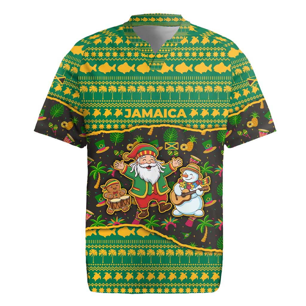 Jamaica Christmas Rugby Jersey with Rasta Santa Snowman Gingerbread Drummer Palm Trees and Green Yellow Knit Pattern Design - Wonder Print Shop