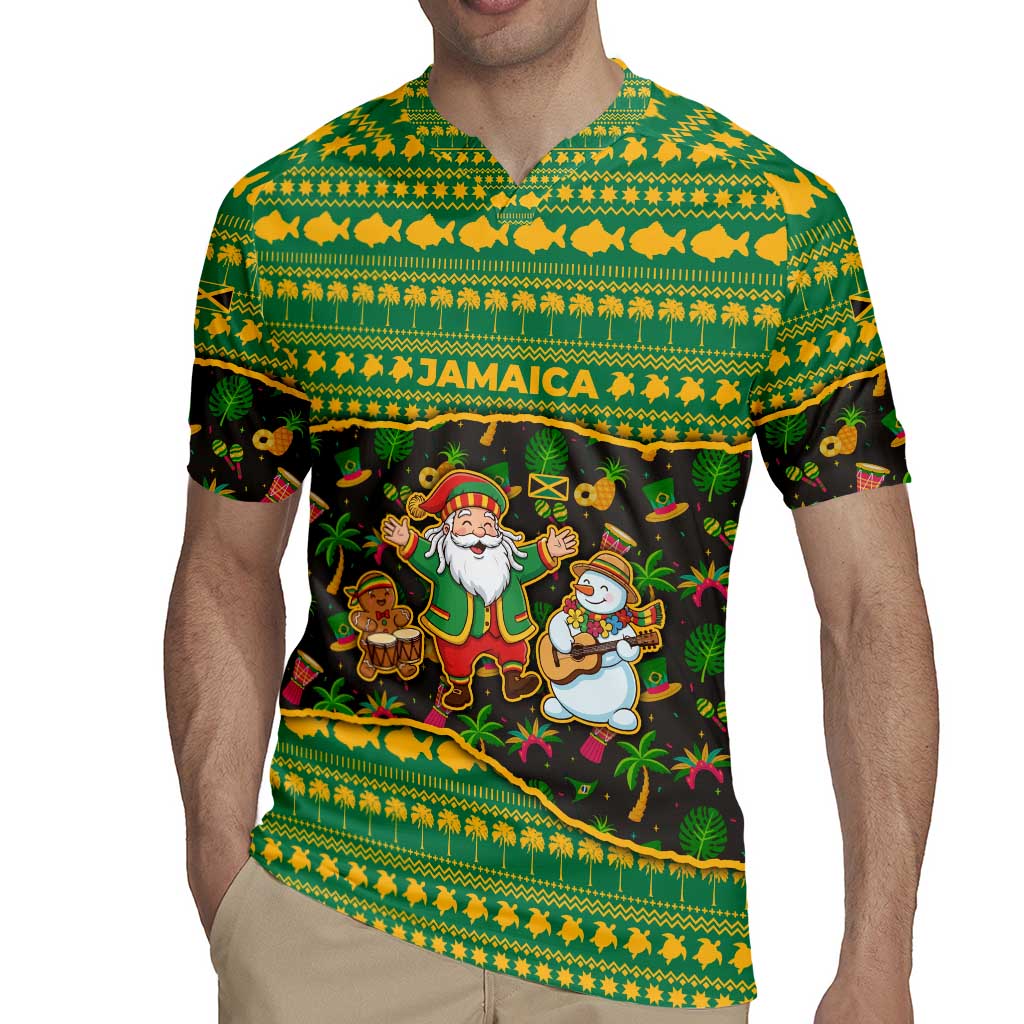 Jamaica Christmas Rugby Jersey with Rasta Santa Snowman Gingerbread Drummer Palm Trees and Green Yellow Knit Pattern Design - Wonder Print Shop