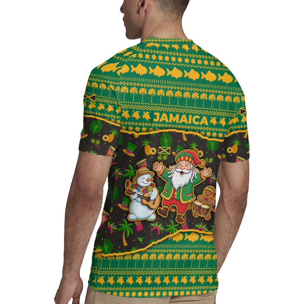 Jamaica Christmas Rugby Jersey with Rasta Santa Snowman Gingerbread Drummer Palm Trees and Green Yellow Knit Pattern Design - Wonder Print Shop