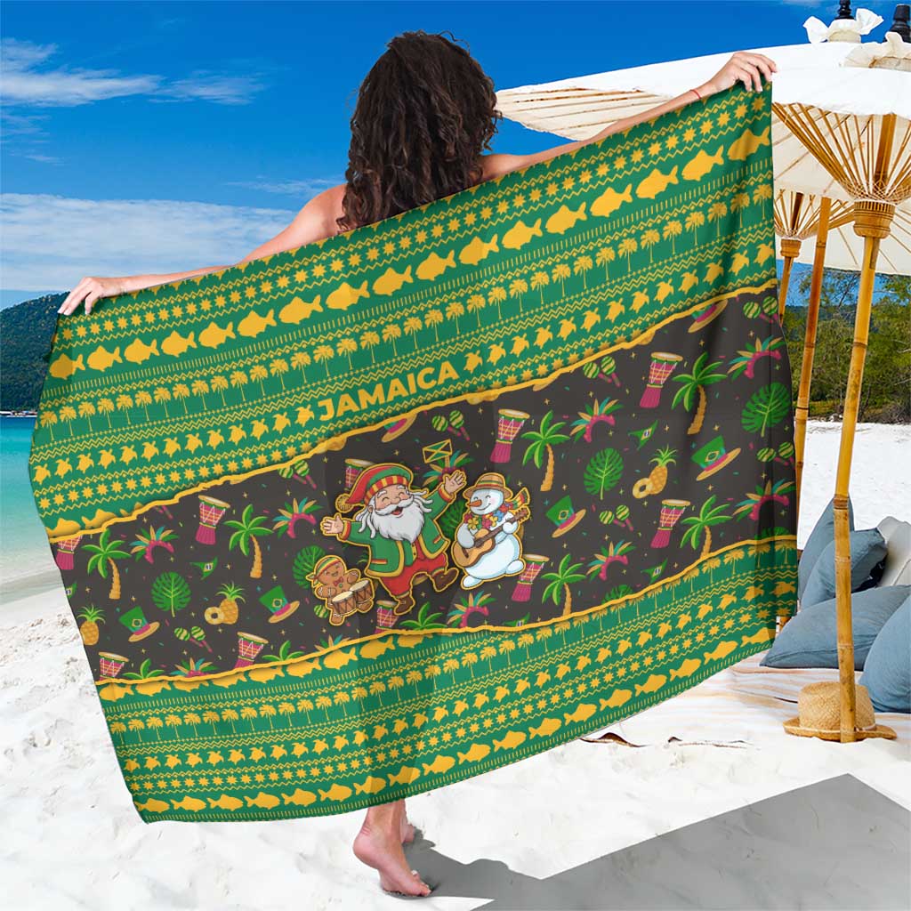Jamaica Christmas Sarong with Rasta Santa Snowman Gingerbread Drummer Palm Trees and Green Yellow Knit Pattern Design - Wonder Print Shop