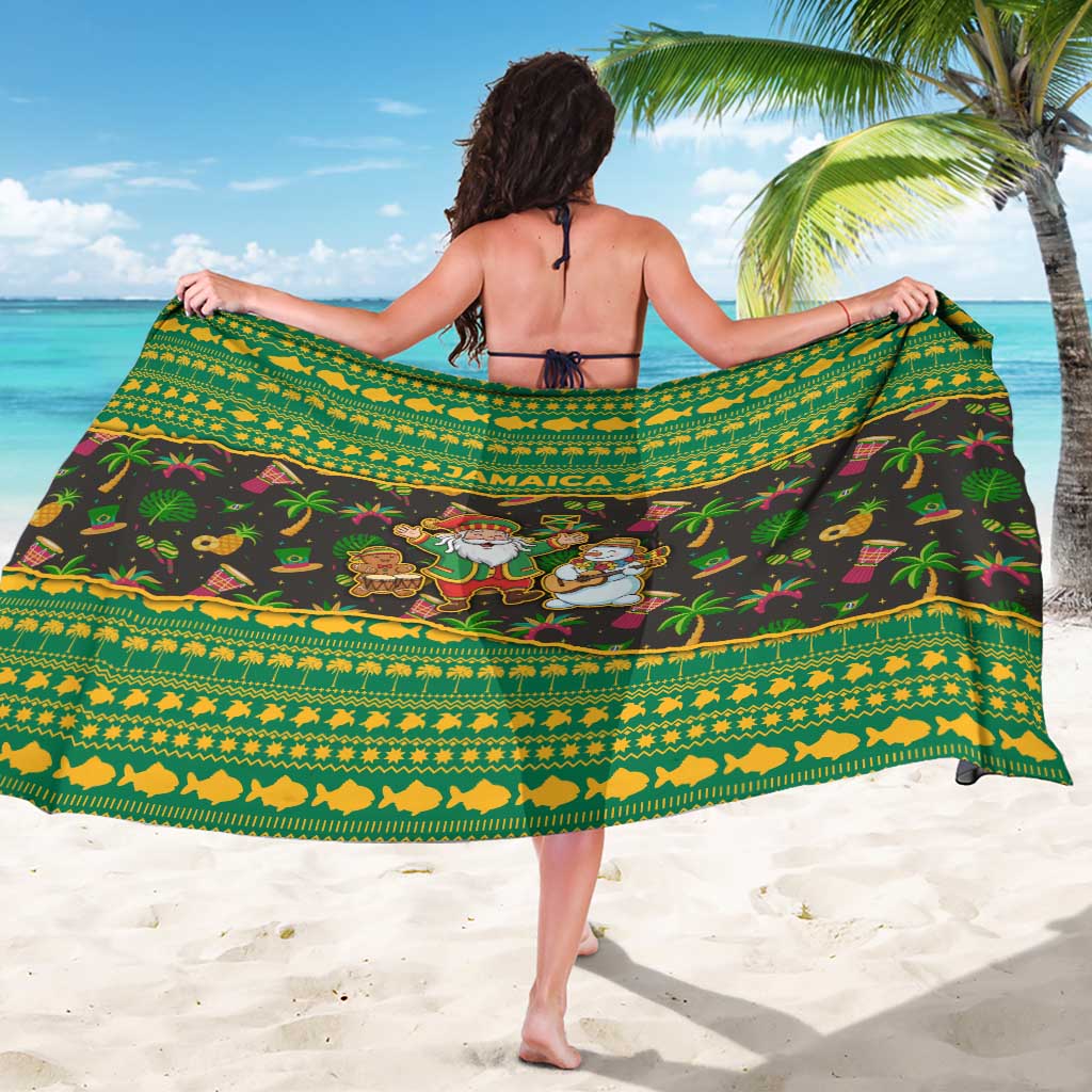 Jamaica Christmas Sarong with Rasta Santa Snowman Gingerbread Drummer Palm Trees and Green Yellow Knit Pattern Design - Wonder Print Shop