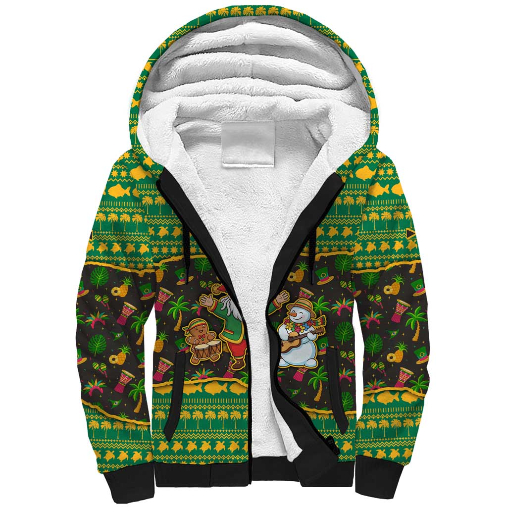 Jamaica Christmas Sherpa Hoodie with Rasta Santa Snowman Gingerbread Drummer Palm Trees and Green Yellow Knit Pattern Design - Wonder Print Shop