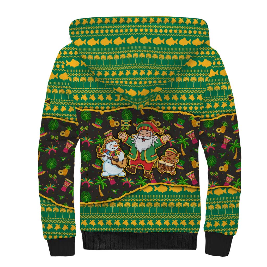 Jamaica Christmas Sherpa Hoodie with Rasta Santa Snowman Gingerbread Drummer Palm Trees and Green Yellow Knit Pattern Design - Wonder Print Shop