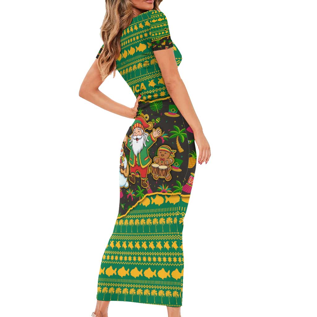 Jamaica Christmas Short Sleeve Bodycon Dress with Rasta Santa Snowman Gingerbread Drummer Palm Trees and Green Yellow Knit Pattern Design - Wonder Print Shop