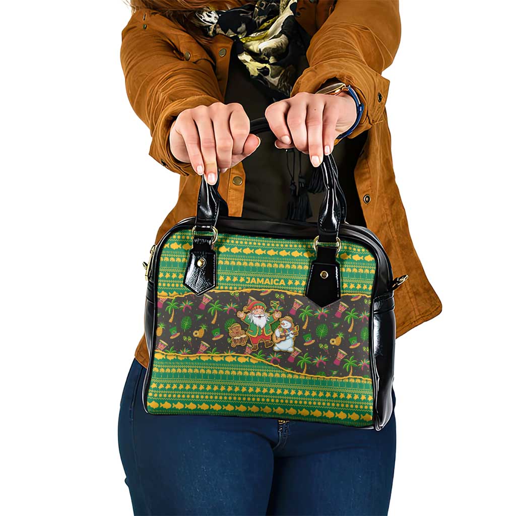 Jamaica Christmas Shoulder Handbag with Rasta Santa Snowman Gingerbread Drummer Palm Trees and Green Yellow Knit Pattern Design - Wonder Print Shop