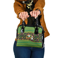 Jamaica Christmas Shoulder Handbag with Rasta Santa Snowman Gingerbread Drummer Palm Trees and Green Yellow Knit Pattern Design - Wonder Print Shop