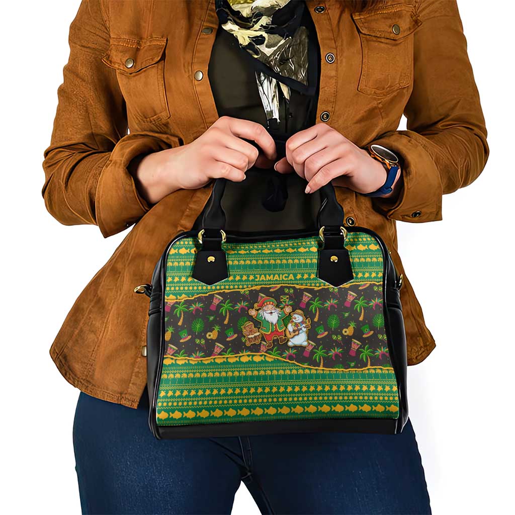 Jamaica Christmas Shoulder Handbag with Rasta Santa Snowman Gingerbread Drummer Palm Trees and Green Yellow Knit Pattern Design - Wonder Print Shop