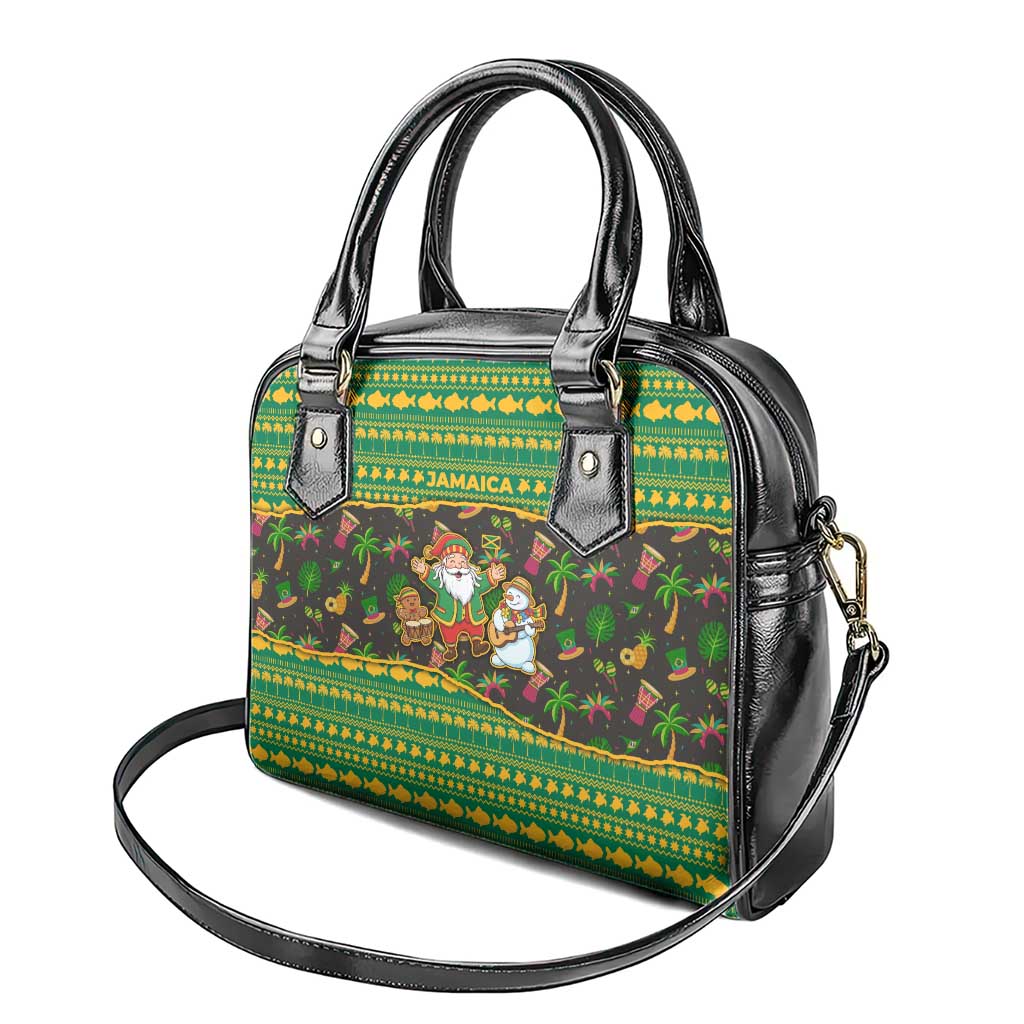Jamaica Christmas Shoulder Handbag with Rasta Santa Snowman Gingerbread Drummer Palm Trees and Green Yellow Knit Pattern Design - Wonder Print Shop