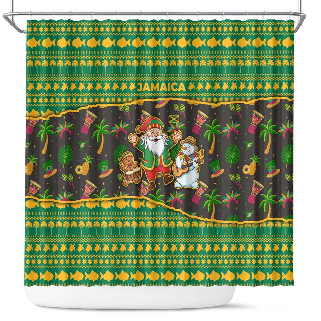 Jamaica Christmas Shower Curtain with Rasta Santa Snowman Gingerbread Drummer Palm Trees and Green Yellow Knit Pattern Design - Wonder Print Shop