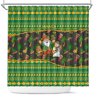 Jamaica Christmas Shower Curtain with Rasta Santa Snowman Gingerbread Drummer Palm Trees and Green Yellow Knit Pattern Design - Wonder Print Shop