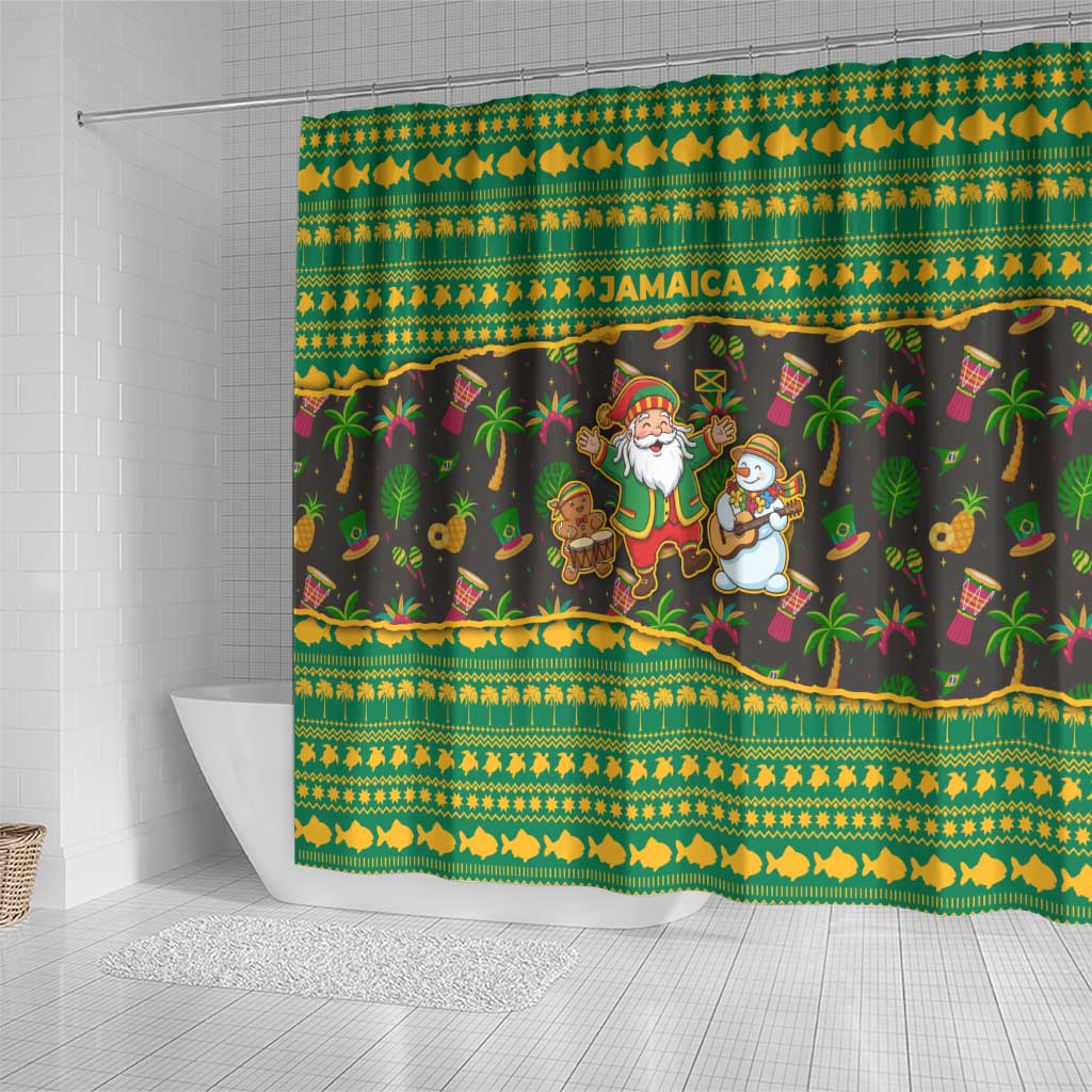 Jamaica Christmas Shower Curtain with Rasta Santa Snowman Gingerbread Drummer Palm Trees and Green Yellow Knit Pattern Design - Wonder Print Shop