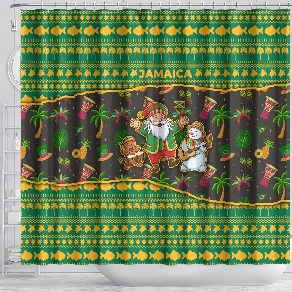 Jamaica Christmas Shower Curtain with Rasta Santa Snowman Gingerbread Drummer Palm Trees and Green Yellow Knit Pattern Design - Wonder Print Shop