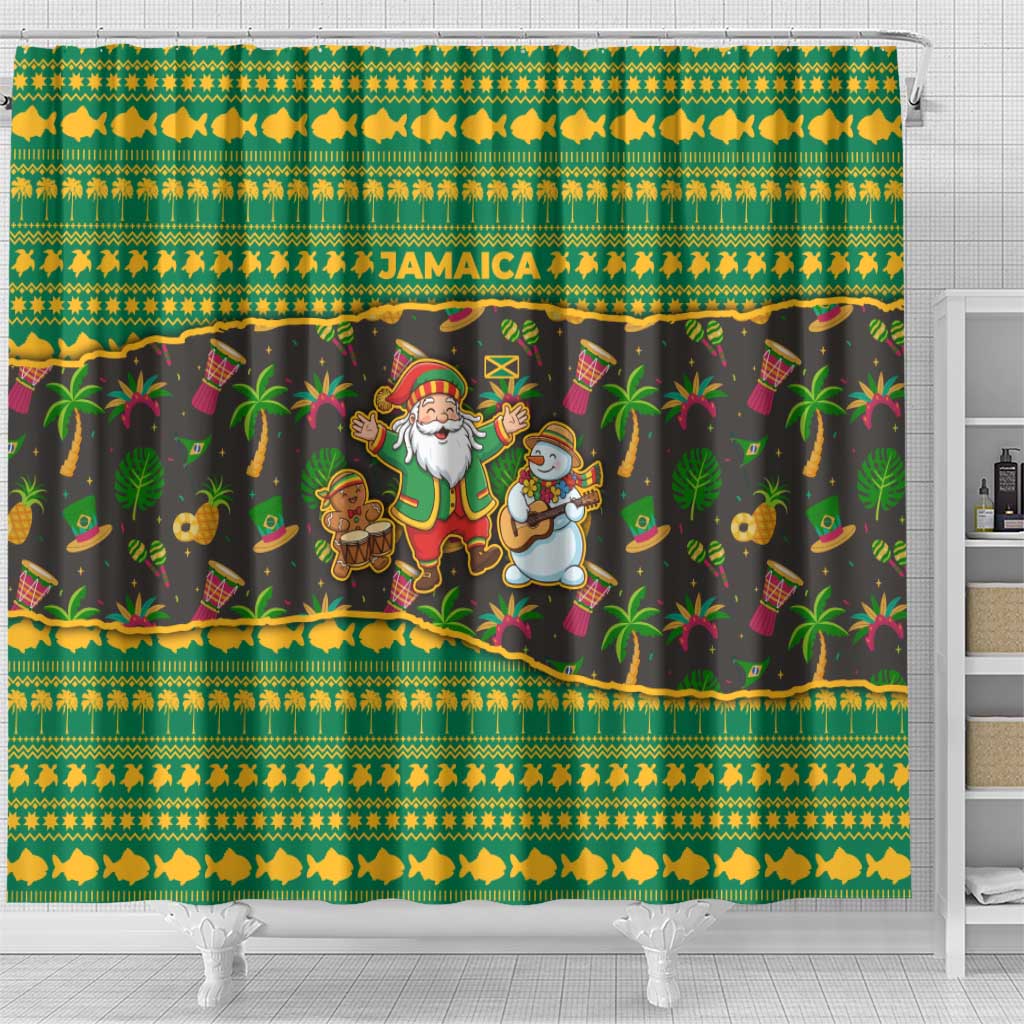 Jamaica Christmas Shower Curtain with Rasta Santa Snowman Gingerbread Drummer Palm Trees and Green Yellow Knit Pattern Design - Wonder Print Shop