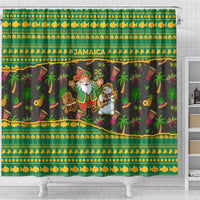 Jamaica Christmas Shower Curtain with Rasta Santa Snowman Gingerbread Drummer Palm Trees and Green Yellow Knit Pattern Design - Wonder Print Shop