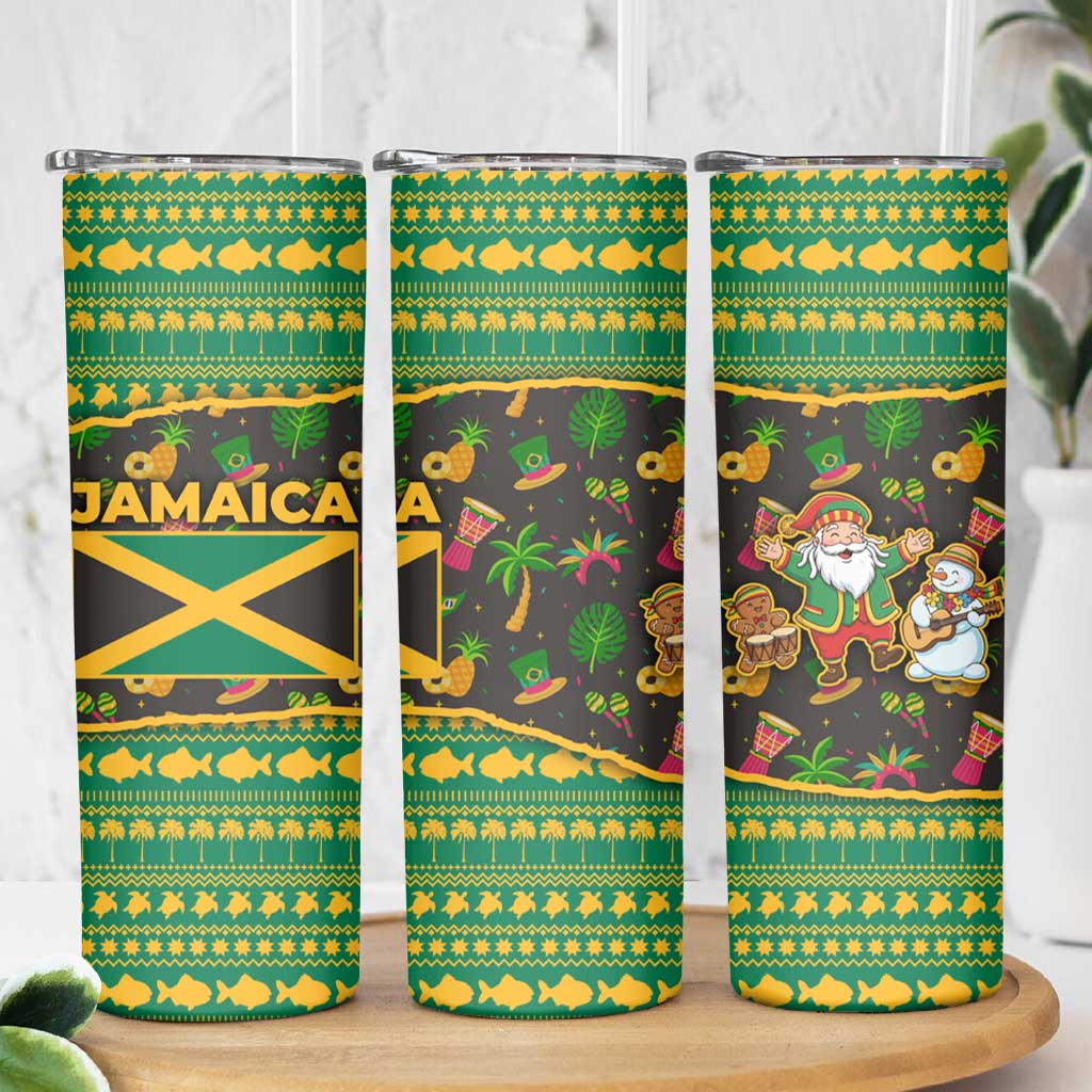 Jamaica Christmas Skinny Tumbler with Rasta Santa Snowman Gingerbread Drummer Palm Trees and Green Yellow Knit Pattern Design - Wonder Print Shop