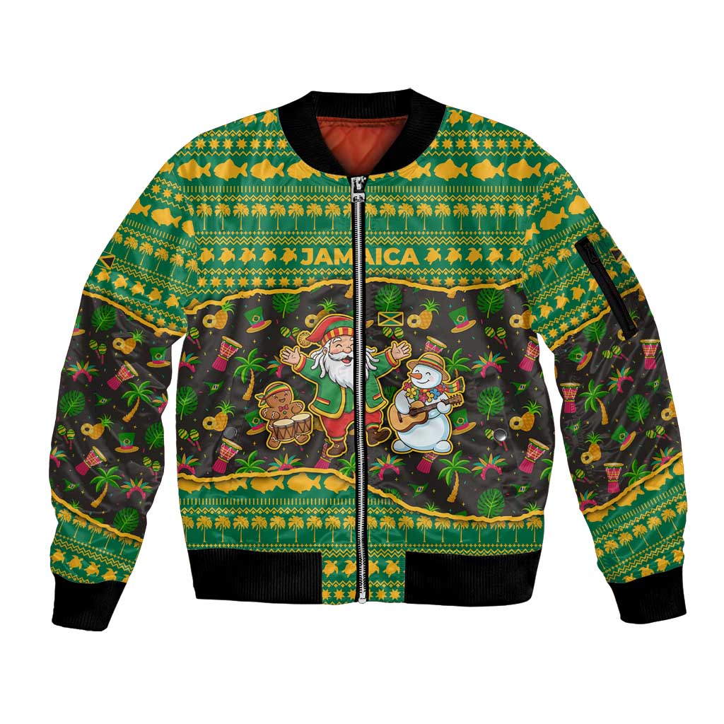 Jamaica Christmas Sleeve Zip Bomber Jacket with Rasta Santa Snowman Gingerbread Drummer Palm Trees and Green Yellow Knit Pattern Design - Wonder Print Shop