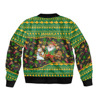 Jamaica Christmas Sleeve Zip Bomber Jacket with Rasta Santa Snowman Gingerbread Drummer Palm Trees and Green Yellow Knit Pattern Design - Wonder Print Shop