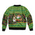 Jamaica Christmas Sleeve Zip Bomber Jacket with Rasta Santa Snowman Gingerbread Drummer Palm Trees and Green Yellow Knit Pattern Design - Wonder Print Shop