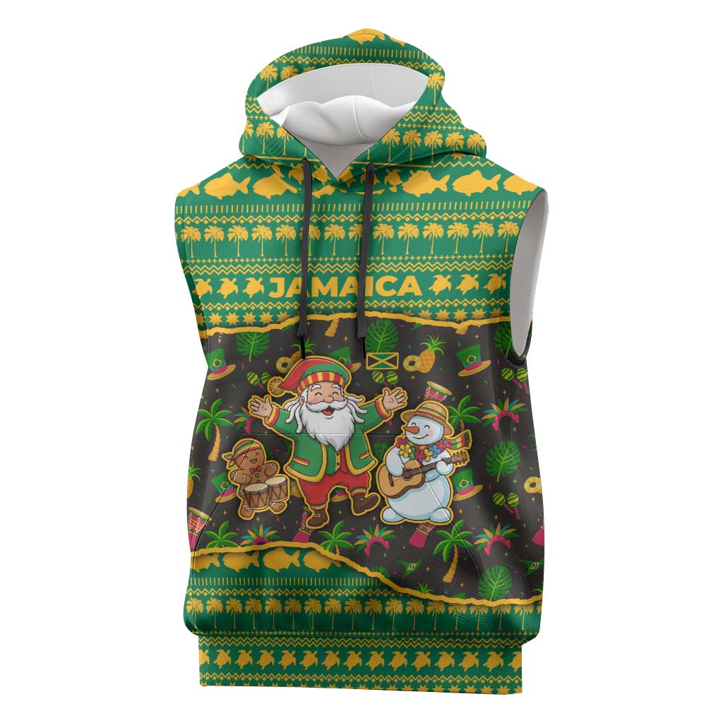 Jamaica Christmas Sleeveless Hoodie with Rasta Santa Snowman Gingerbread Drummer Palm Trees and Green Yellow Knit Pattern Design - Wonder Print Shop