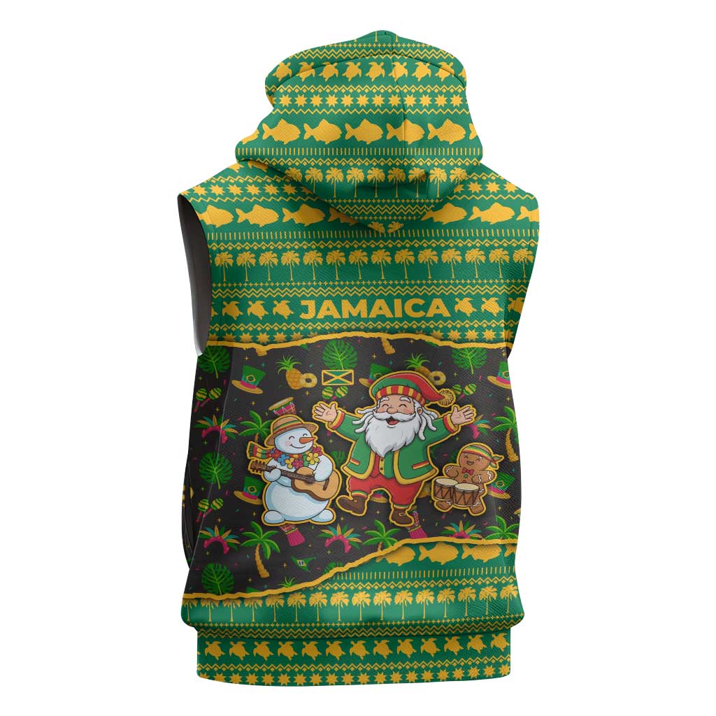 Jamaica Christmas Sleeveless Hoodie with Rasta Santa Snowman Gingerbread Drummer Palm Trees and Green Yellow Knit Pattern Design - Wonder Print Shop