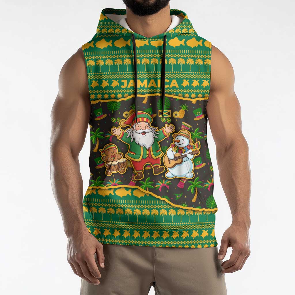 Jamaica Christmas Sleeveless Hoodie with Rasta Santa Snowman Gingerbread Drummer Palm Trees and Green Yellow Knit Pattern Design - Wonder Print Shop