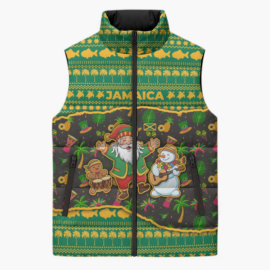 Jamaica Christmas Sleeveless Puffer Jacket with Rasta Santa Snowman Gingerbread Drummer Palm Trees and Green Yellow Knit Pattern Design - Wonder Print Shop