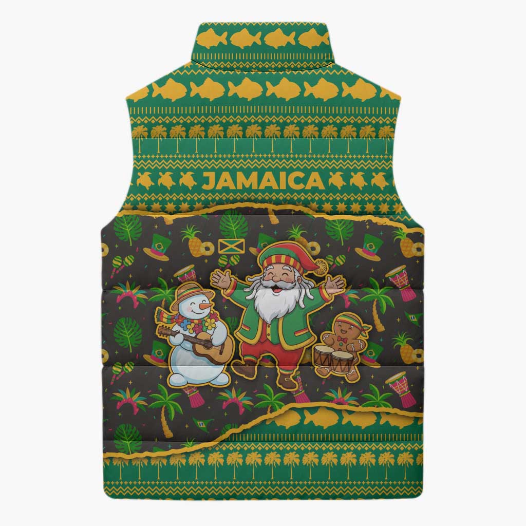 Jamaica Christmas Sleeveless Puffer Jacket with Rasta Santa Snowman Gingerbread Drummer Palm Trees and Green Yellow Knit Pattern Design - Wonder Print Shop