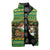Jamaica Christmas Sleeveless Puffer Jacket with Rasta Santa Snowman Gingerbread Drummer Palm Trees and Green Yellow Knit Pattern Design - Wonder Print Shop