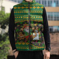 Jamaica Christmas Sleeveless Puffer Jacket with Rasta Santa Snowman Gingerbread Drummer Palm Trees and Green Yellow Knit Pattern Design - Wonder Print Shop