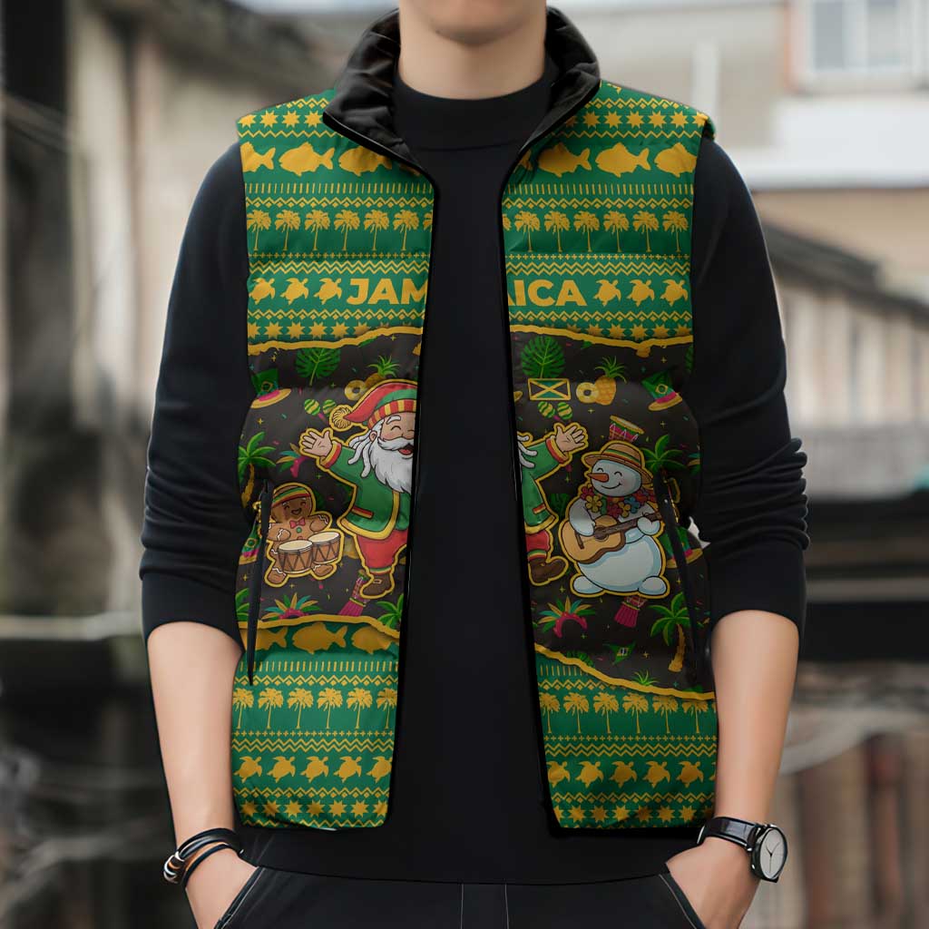 Jamaica Christmas Sleeveless Puffer Jacket with Rasta Santa Snowman Gingerbread Drummer Palm Trees and Green Yellow Knit Pattern Design - Wonder Print Shop