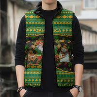 Jamaica Christmas Sleeveless Puffer Jacket with Rasta Santa Snowman Gingerbread Drummer Palm Trees and Green Yellow Knit Pattern Design - Wonder Print Shop