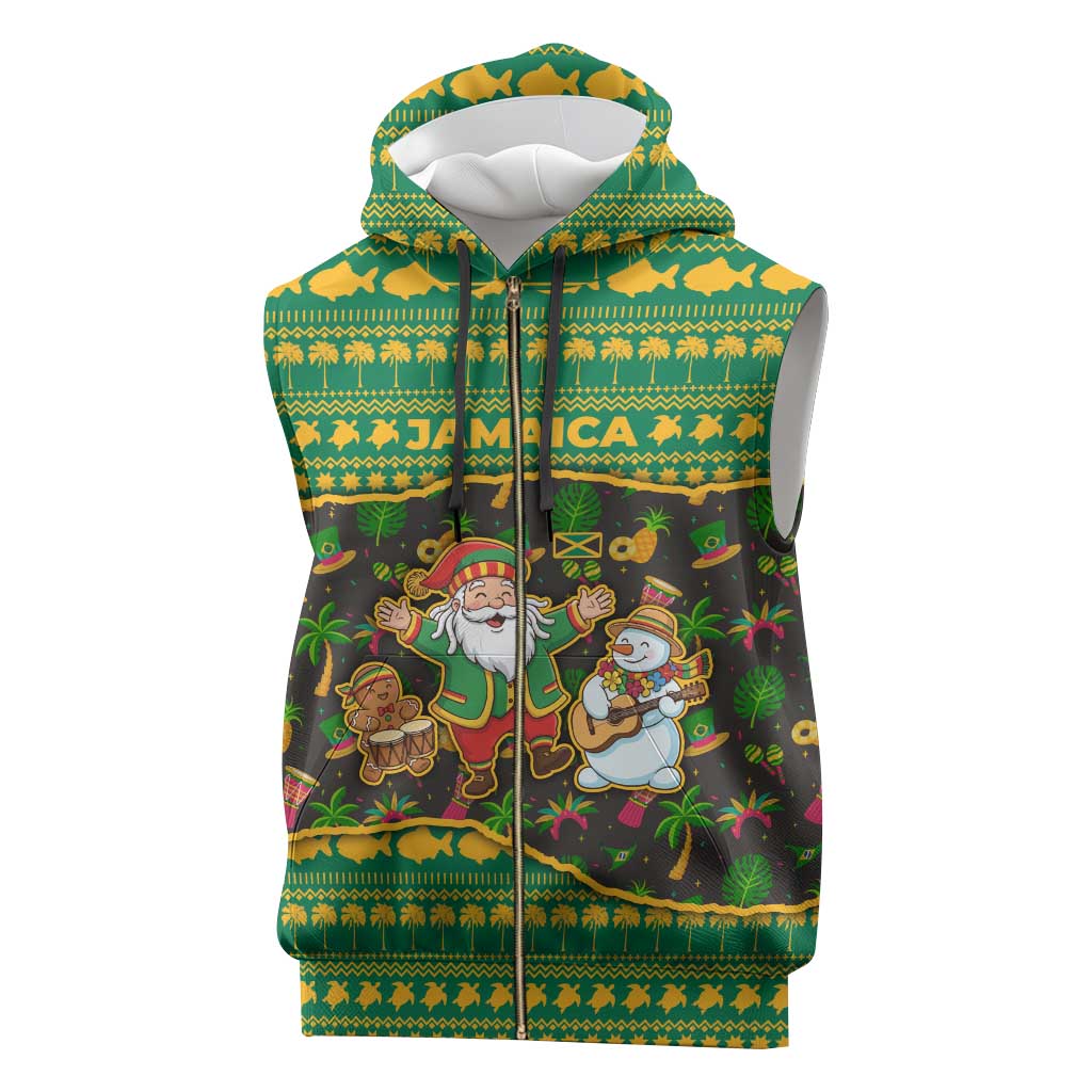 Jamaica Christmas Sleeveless Zip Hoodie with Rasta Santa Snowman Gingerbread Drummer Palm Trees and Green Yellow Knit Pattern Design - Wonder Print Shop