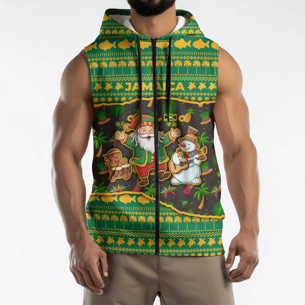 Jamaica Christmas Sleeveless Zip Hoodie with Rasta Santa Snowman Gingerbread Drummer Palm Trees and Green Yellow Knit Pattern Design - Wonder Print Shop