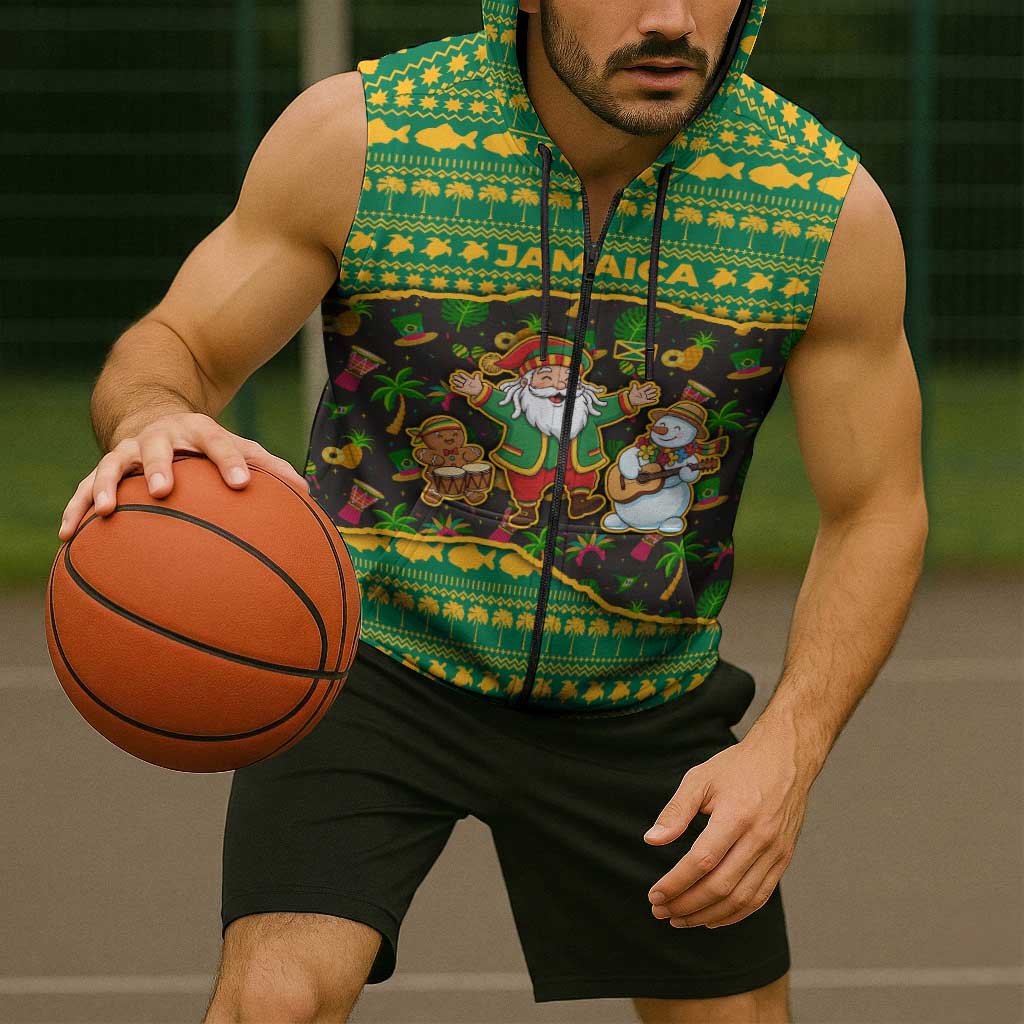 Jamaica Christmas Sleeveless Zip Hoodie with Rasta Santa Snowman Gingerbread Drummer Palm Trees and Green Yellow Knit Pattern Design - Wonder Print Shop