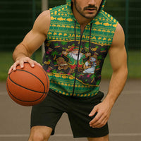 Jamaica Christmas Sleeveless Zip Hoodie with Rasta Santa Snowman Gingerbread Drummer Palm Trees and Green Yellow Knit Pattern Design - Wonder Print Shop